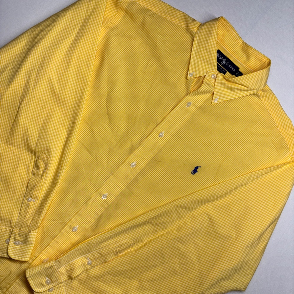 Ralph Lauren Yarmouth Mens Yellow Gingham Check Button Down Shirt 16.5 34/35